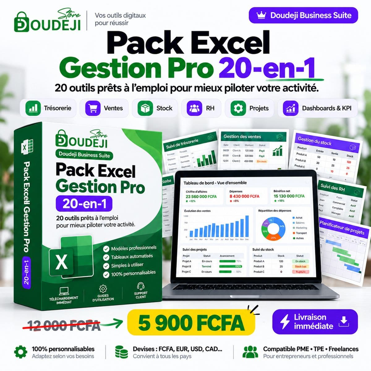 Pack Excel Gestion Pro 20-en-1 — 20 outils prêts à l’emploi